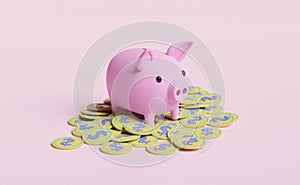 Piggy bank with gold coins money pile in pink composition background ,saving moneyd concept isolated on pink pastel background3d