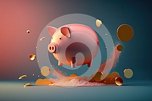 Piggy bank with gold coins. Money saving concept. Generative AI.