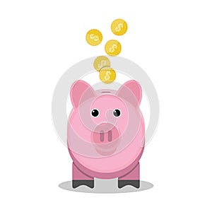 Piggy bank with gold coins. Toy pink pig money box