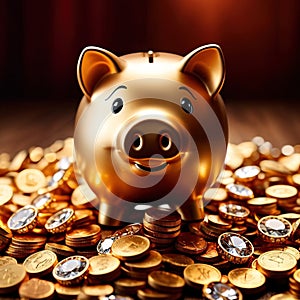 Piggy bank with gold and diamonds, signifying wealth, luxury, and successful smart investment