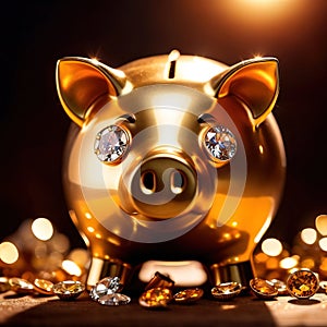 Piggy bank with gold and diamonds, signifying wealth, luxury, and successful smart investment