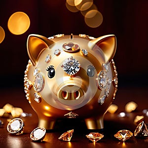 Piggy bank with gold and diamonds, signifying wealth, luxury, and successful smart investment