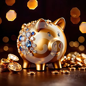 Piggy bank with gold and diamonds, signifying wealth, luxury, and successful smart investment