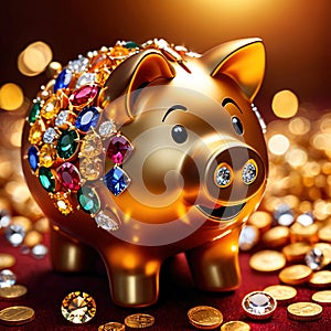 Piggy bank with gold and diamonds, signifying wealth, luxury, and successful smart investment