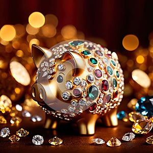 Piggy bank with gold and diamonds, signifying wealth, luxury, and successful smart investment