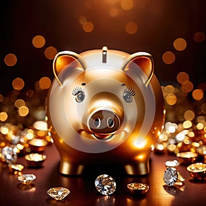 Piggy bank with gold and diamonds, signifying wealth, luxury, and successful smart investment