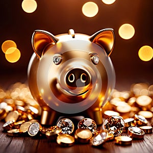 Piggy bank with gold and diamonds, signifying wealth, luxury, and successful smart investment