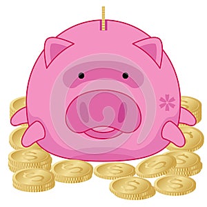 Piggy Bank with Gold Dollar Coins - Illustration