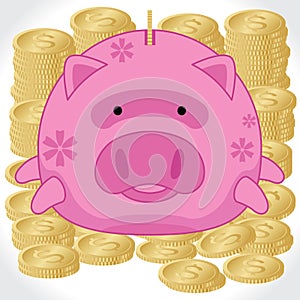 Piggy Bank with Gold Dollar Coins - Vector & Illustration