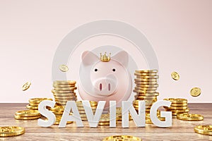 Piggy bank and golden coins on pink background with saving money words concept. King of savings concept. 3D rendering