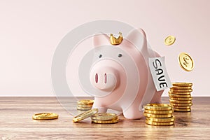 Piggy bank and golden coins on pink background with saving money words concept. King of savings concept. 3D rendering