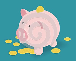 Piggy Bank and golden coins. Vector Illustration.