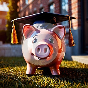 Piggy bank with graduate cap, showing saving money for education
