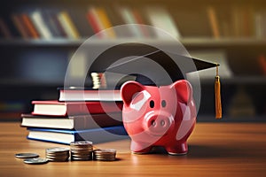 Piggy bank with graduation cap and coins. The concept of saving and accumulating money for study and education.