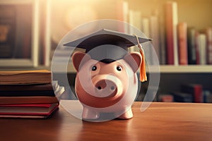 Piggy bank with graduation cap and coins. The concept of saving and accumulating money for study and education. Financial