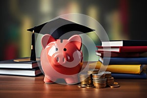 Piggy bank with graduation cap and coins. The concept of saving and accumulating money for study and education. Financial