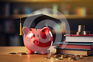 Piggy bank with graduation cap and coins. The concept of saving and accumulating money for study and education. Financial
