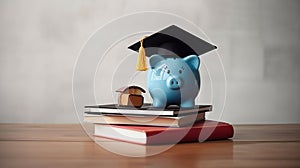 Piggy bank with graduation hat and books on table. Tuition fees concept. AI Generative