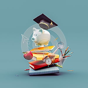 Piggy bank with graduation hat and school accessory. Scholarship savings concept on blue background.