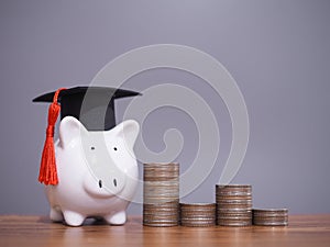 Piggy bank with graduation hat and stack of coins. The concept of saving money for education, student loan, scholarship, tuition