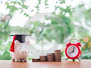 Piggy bank with graduation hat, stack of coins and red alarm. The concept of saving money for education, student loan, scholarship