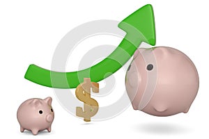 Piggy bank and green arrow isolated on white background. 3D illustration