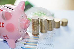 Piggy bank with growth coins which means grwoth business success concept, Start saving money