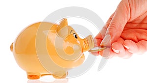 Piggy bank, hand and euro currency