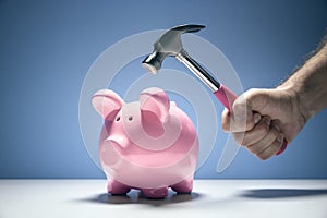 Piggy bank and hand with hammer about to smash to get at savings