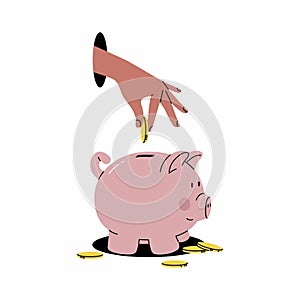 Piggy bank with hand. Hand putting coin into piggy bank. Earning money, savings, investment, business advertising concept