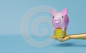 Piggy bank with hands holding gold coins money in blue composition background ,Finance Investment Concept, 3d illustration or 3d