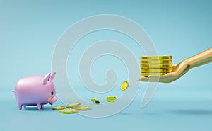 Piggy bank with hands holding gold coins money in blue composition background ,make money Concept, 3d illustration or 3d render