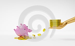 Piggy bank with hands holding gold coins money on white background ,saving money Concept, 3d illustration or 3d render