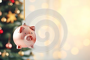 Piggy bank hanging on Christmas tree bokeh background. Holiday expenses, seasonal sales