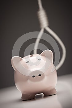 Piggy Bank with Hangman's Noose in Background