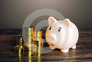 Piggy bank is happy to see stacks of coins. Looking for money. Earnings and savings. Loan on favorable terms. wealth and economic