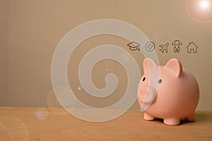 Piggy bank with home, family, travel, health and education symbols. Saving money and life expenses concept