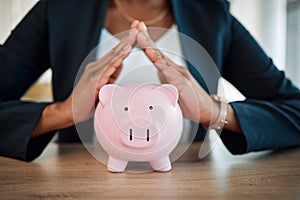 Piggy bank, home hands and woman for savings, investment and mortgage loan or money management. Business insurance