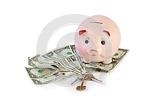 Piggy bank with house keys and money isolated on white