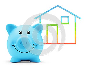 Piggy bank with house shape isolated on white background, green building and energy efficiency concept