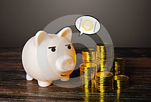 The piggy bank is hungry for money. Collection of savings for safe storage and non risky investments. Deposits interest rate. Save