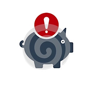 Piggy bank icon, business icon with exclamation mark. Piggy bank icon and alert, error, alarm, danger symbol