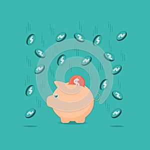 Piggy bank icon with falling coins vector illustration on a turquoise teal background. Saving, investment in future or save money