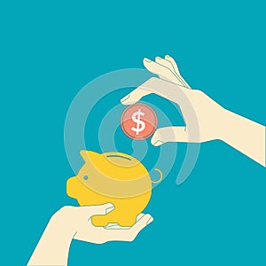 Piggy bank icon with falling coins vector illustration on a turquoise teal background. Saving, investment in future or save money