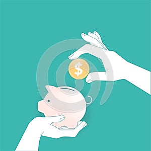 Piggy bank icon with falling coins vector illustration on a turquoise teal background. Saving, investment in future or save money