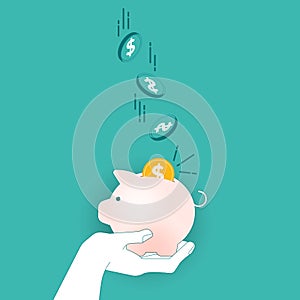 Piggy bank icon with falling coins vector illustration on a turquoise teal background. Saving, investment in future or save money