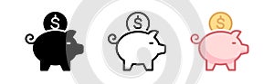 Piggy bank icon. Piggy bank saving money icon in different style.