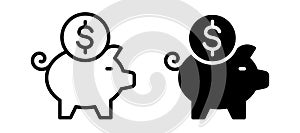 Piggy bank icon. Piggybank with falling coins. Baby pig piggy bank. Pig silhouette.