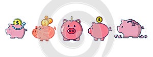 Piggy bank icon set, cartoon style