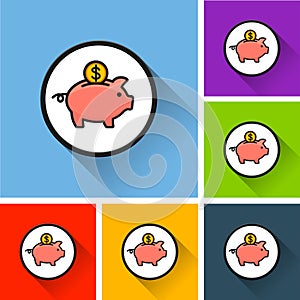 Piggy bank icons with long shadow